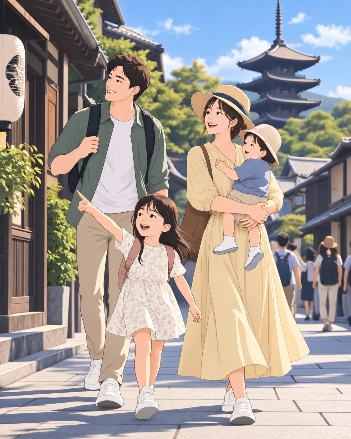 手ぶらで京都の街を歩く家族