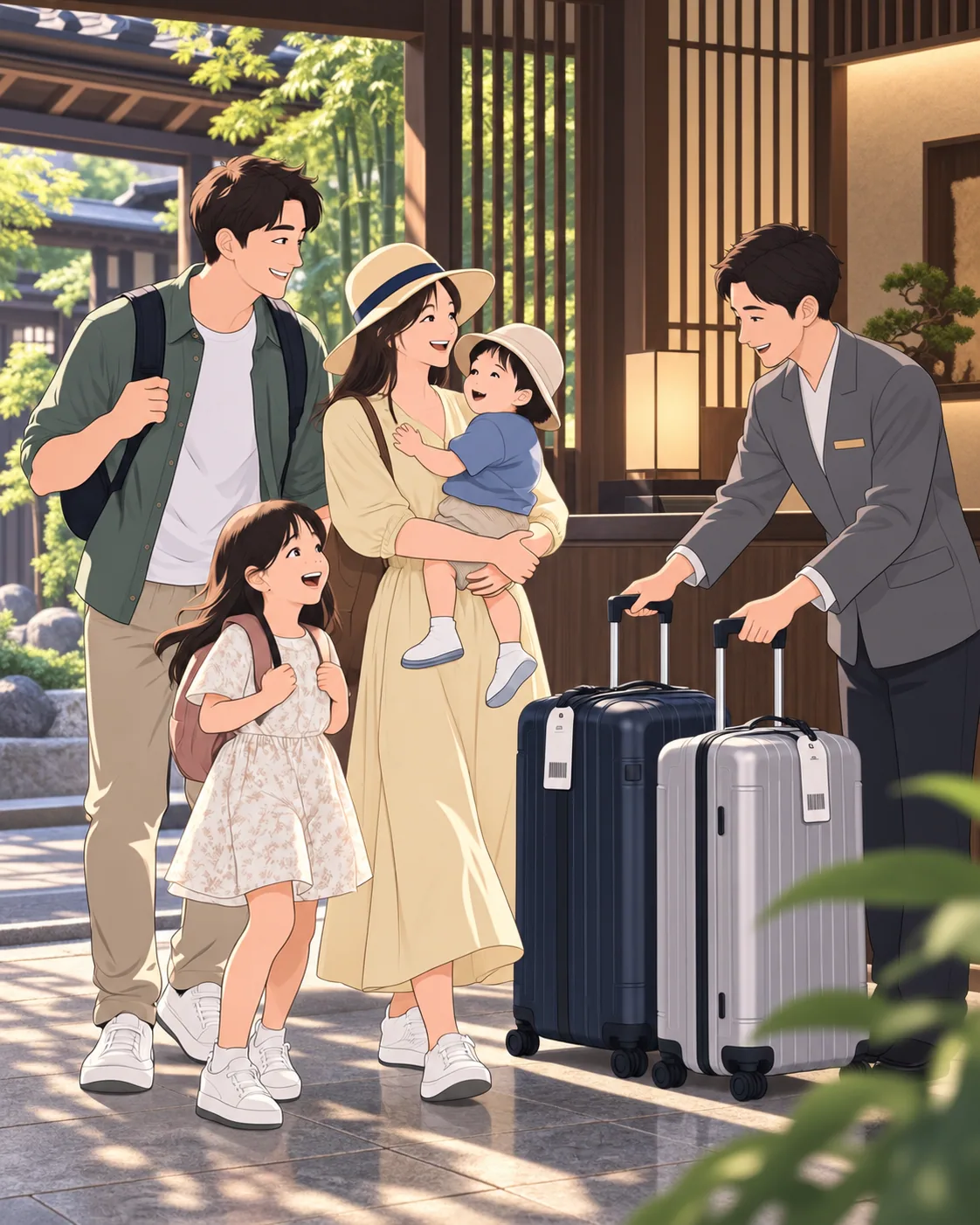 次のホテルで荷物を受け取る家族