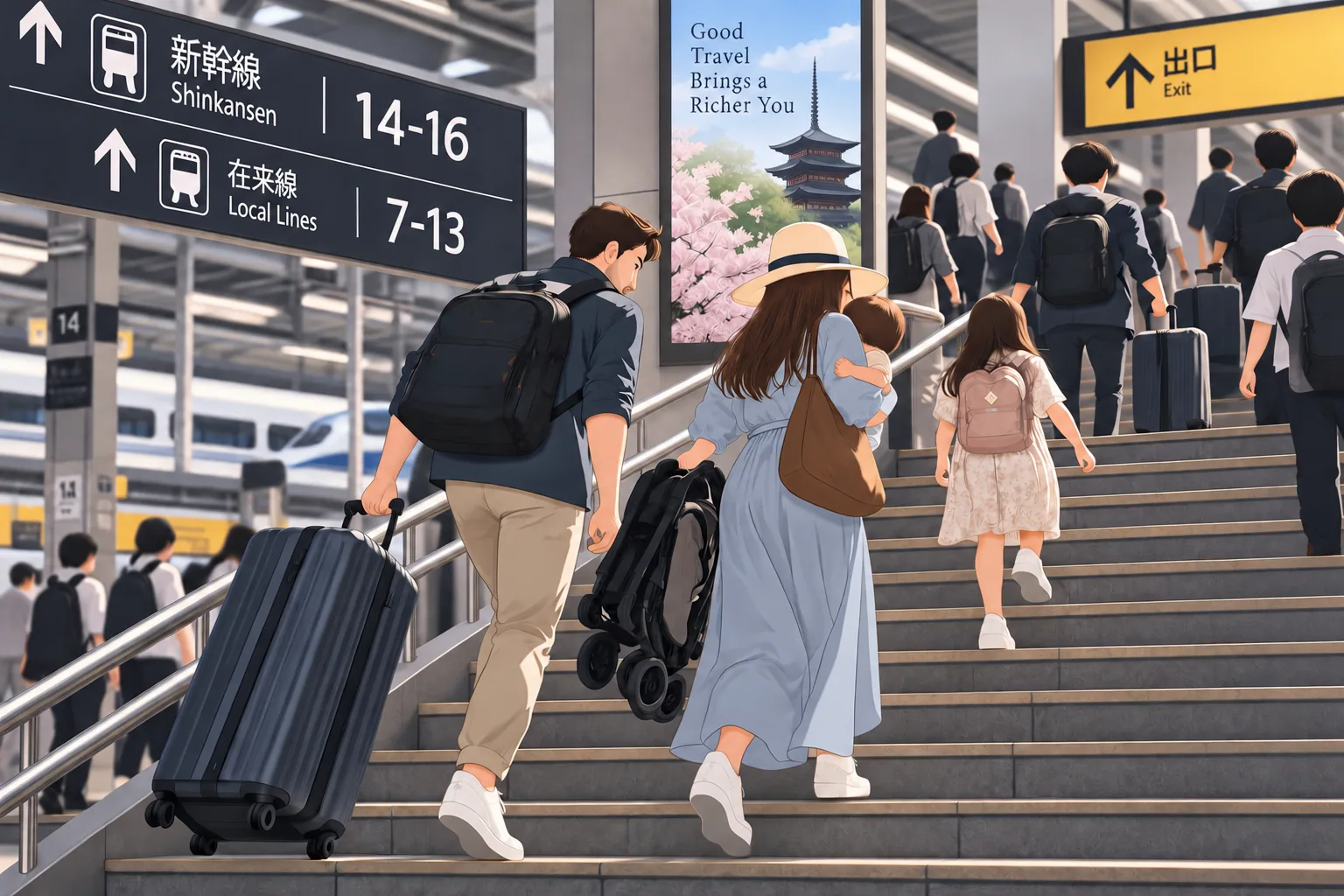 大きな荷物を持って駅の階段を上る家族
