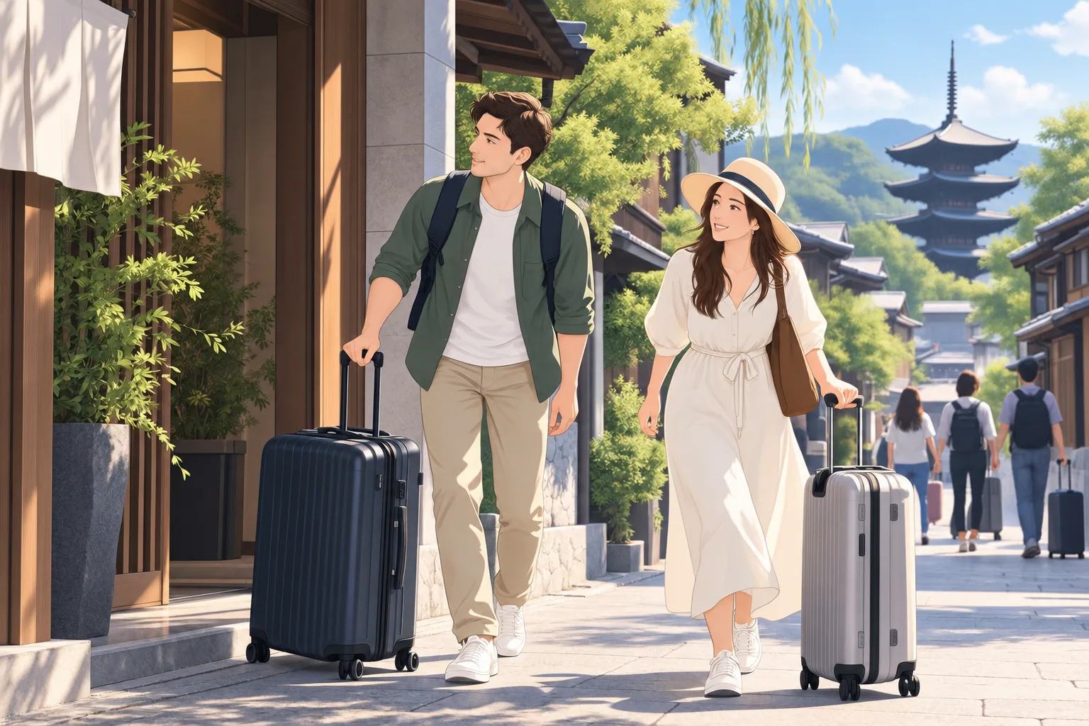 スーツケースを引きながら京都の街を歩く旅行者